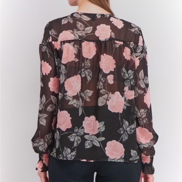 Guess Black and Pink Floral Sheer Long Sleeve Blouse Large - Picture 2 of 10